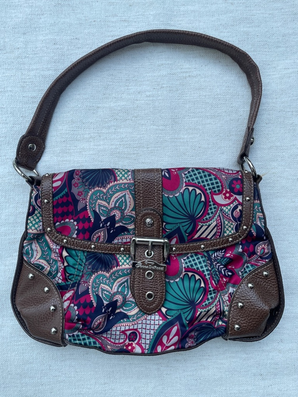 Genna DeRossi Teal Floral Satchel with Brown Trim